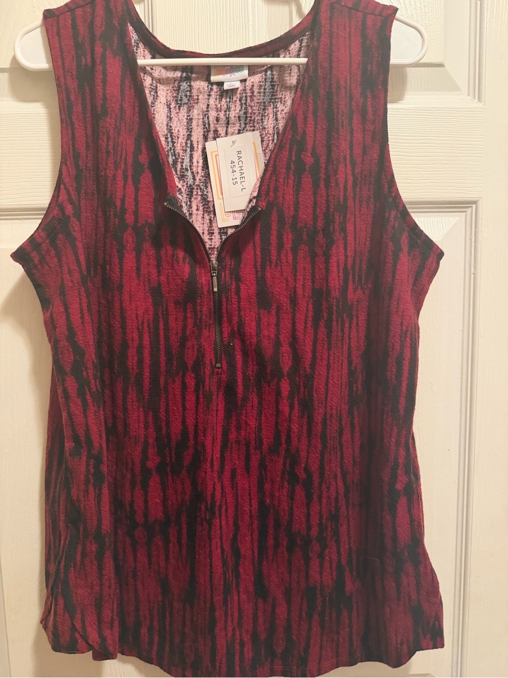 LuLaRoe Red and Black Sleeveless Zip-Front Tank